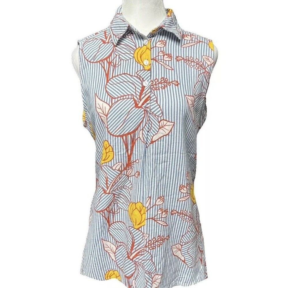 For Cynthia Linen Blend Sleeveless Tunic Top Button Up Sharkbite Hem Floral Med